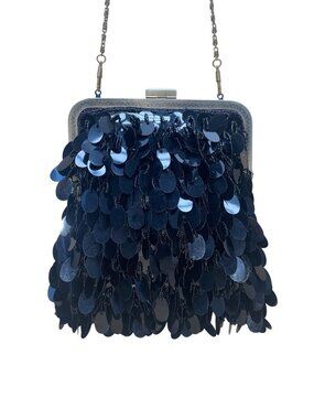 J&X NY Women’s Black Sequined With Chain Strap Elegant Clasp Frame Evening Bag
